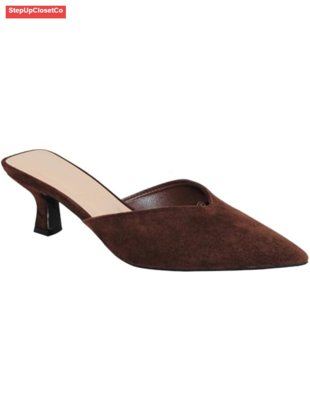 Women's Suede Pointed Toe Mules, Kitten Heel Slip-On Comfort Shoes